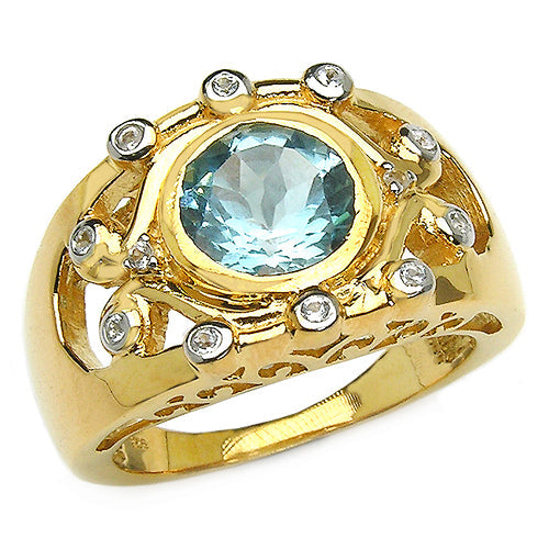 Bids.com 14K Yellow Gold Plated 3.42 Carat Genuine Blue Topaz & White Topaz .925 Sterling Silver Ring Rings White Smoke size 6.00,size 7.00,size 8.00,size 9.00