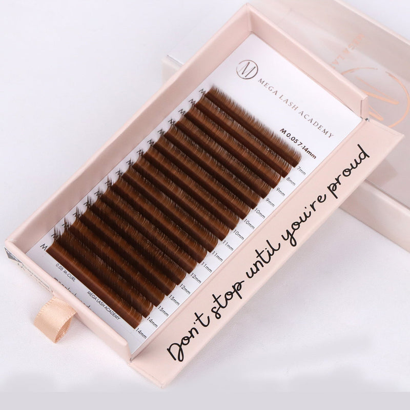 Mega Lash Academy Brown Cashmere Volume - Caramel Lash Trays Light Gray 0.03 / M / Mixed 7-14 mm,0.05 / B / Mixed 7-14 mm,0.05 / CC / Mixed 7-14 mm,0.05 / CC / Mixed 10-16 mm,0.05 / D / Mixed 7-14 mm