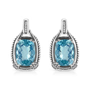 Bids.com .925 Sterling Silver 14x10MM Cushion Cut Blue Topaz Gemstone and Diamond Accent Dangle Earring (I-J Color, I1-I2 Clarity) Earrings White Smoke White.Sterling Silver / 0.098