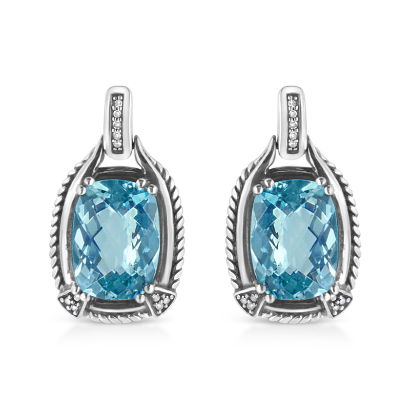 Bids.com .925 Sterling Silver 14x10MM Cushion Cut Blue Topaz Gemstone and Diamond Accent Dangle Earring (I-J Color, I1-I2 Clarity) Earrings White Smoke White.Sterling Silver / 0.098
