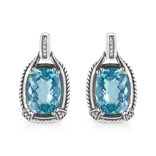 Bids.com .925 Sterling Silver 14x10MM Cushion Cut Blue Topaz Gemstone and Diamond Accent Dangle Earring (I-J Color, I1-I2 Clarity) Earrings White Smoke White.Sterling Silver / 0.098