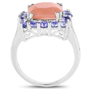 Bids.com 6.70 Carat Genuine Peach Moonstone and Tanzanite .925 Sterling Silver Ring Rings White Smoke size 7.00,size 8.00,size 9.00,size 6.00