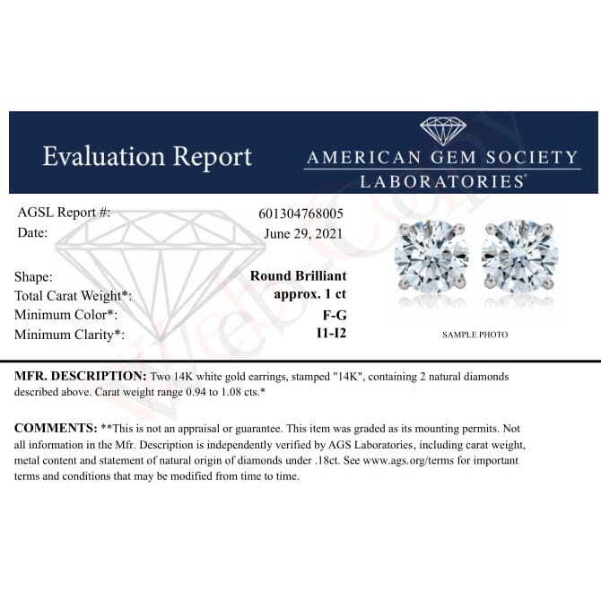 Bids.com AGS Certified 14K White Gold 1.0 cttw 4-Prong Set Brilliant Round-Cut Solitaire Diamond Push Back Stud Earrings (F-G Color, I1-I2 Clarity) Earrings White Smoke White.Gold / 1