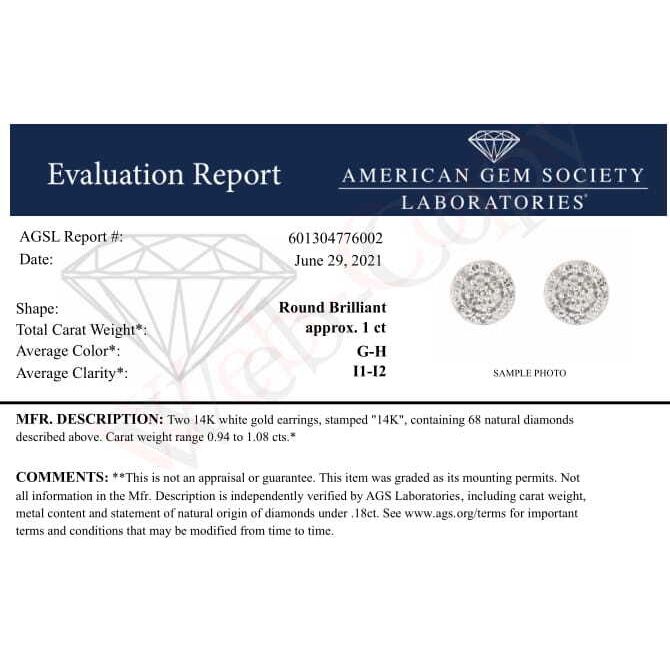 Bids.com AGS Certified 14K White Gold 1.0 Cttw Brilliant-Cut Diamond Halo-Style Cluster Round Button Stud Earrings (G-H Color, I1-I2 Clarity) Earrings White Smoke White.Gold / 1.03