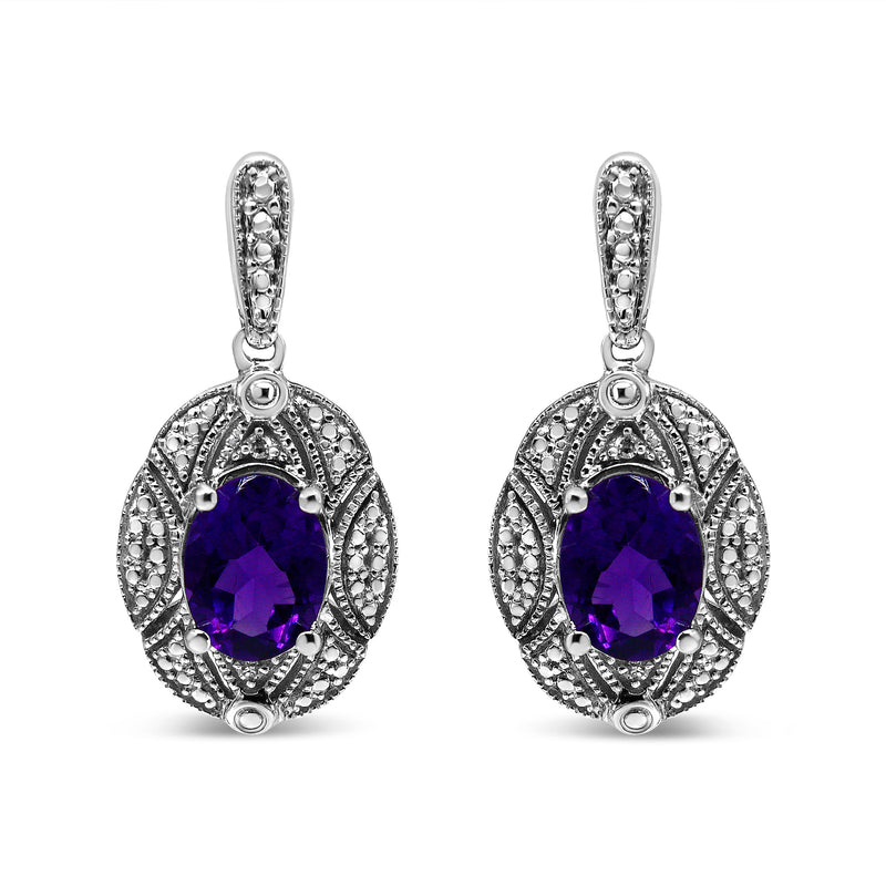 Bids.com .925 Sterling Silver Diamond Accent and 8x6mm Purple Oval Amethyst Stud Earrings (I-J Color, I1-I2 Clarity) Earrings White Smoke White.Sterling Silver / 0.02