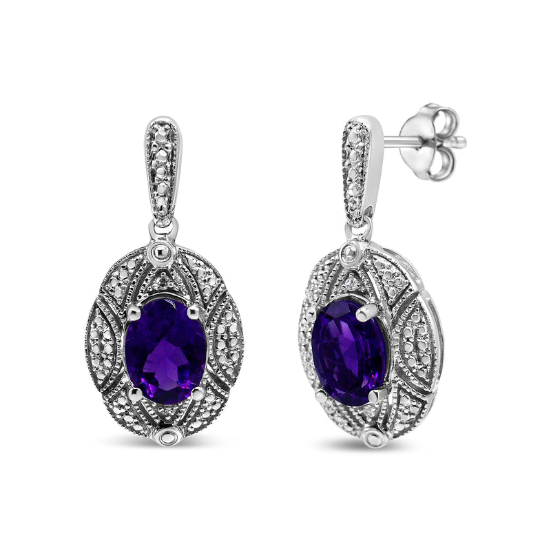 Bids.com .925 Sterling Silver Diamond Accent and 8x6mm Purple Oval Amethyst Stud Earrings (I-J Color, I1-I2 Clarity) Earrings White Smoke White.Sterling Silver / 0.02