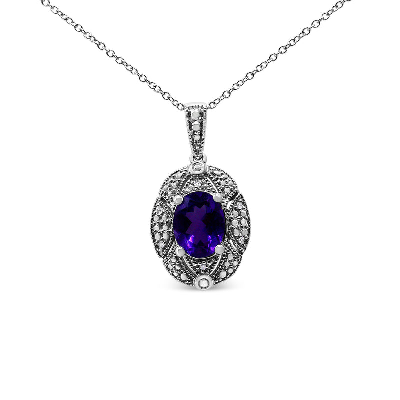 Bids.com .925 Sterling Silver Diamond Accent and 9x7mm Purple Oval Amethyst Gemstone Pendant 18" Necklace (I-J Color, I1-I2 Clarity) Necklaces White Smoke White.Sterling Silver / 18
