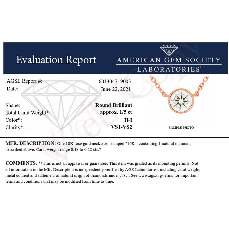 Bids.com AGS Certified 10K Rose Gold 1/5 Cttw Bezel Set Round Diamond Solitaire 16-18" Adjustable Pendant Necklace (H-I Color, VS1-VS2 Clarity) Necklaces White Smoke Rose.Gold / 18