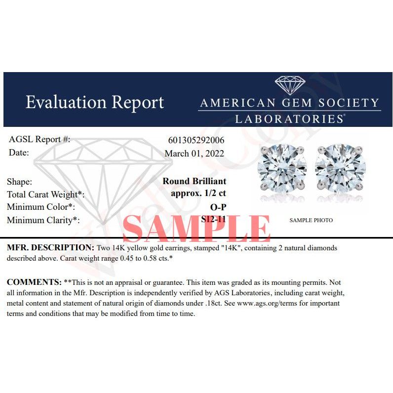 Bids.com AGS Certified 14K Yellow Gold 1/2 Cttw 4 Prong Set Brilliant Round-Cut Solitaire Diamond Push Back Stud Earrings (O-P, Color, SI2-I1 Clarity) Earrings White Smoke Yellow.Gold / 0.5