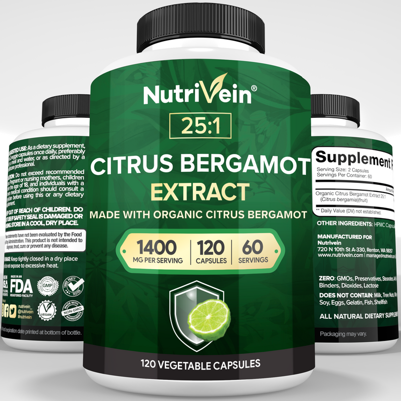 Nutrivein Nutrivein Premium Citrus Bergamot Supplement 1400mg 25:1 Bergamia Extract - 60 Day Supply - 120 Capsules Lavender