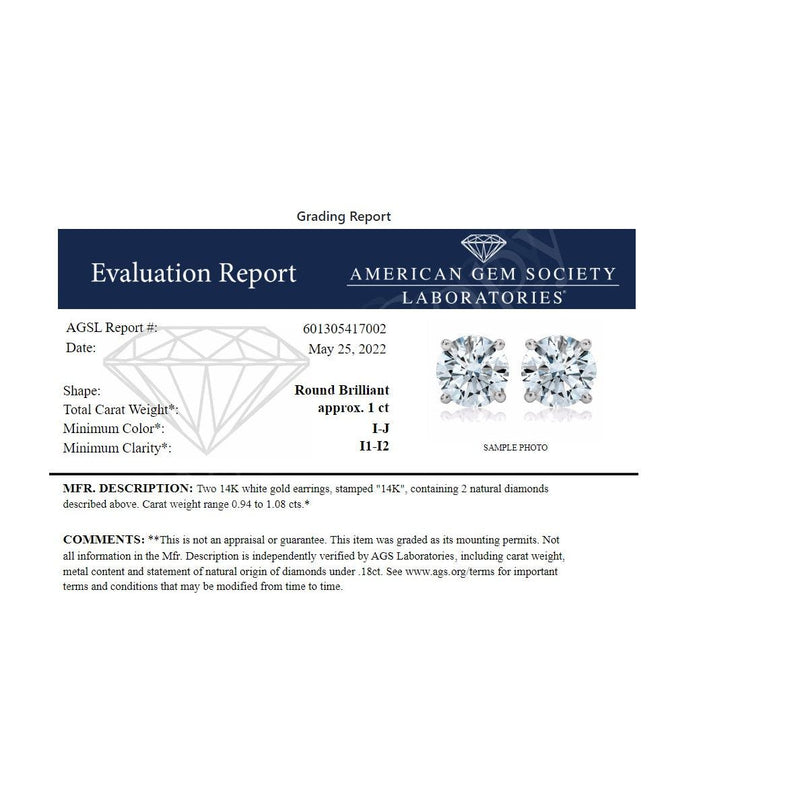 Bids.com AGS Certified 14K White Gold 1.0 Cttw 4-Prong Set Brilliant Round-Cut Solitaire Diamond Push Back Stud Earrings (I-J Color, I1-I2 Clarity) Earrings White Smoke White.Gold / 1