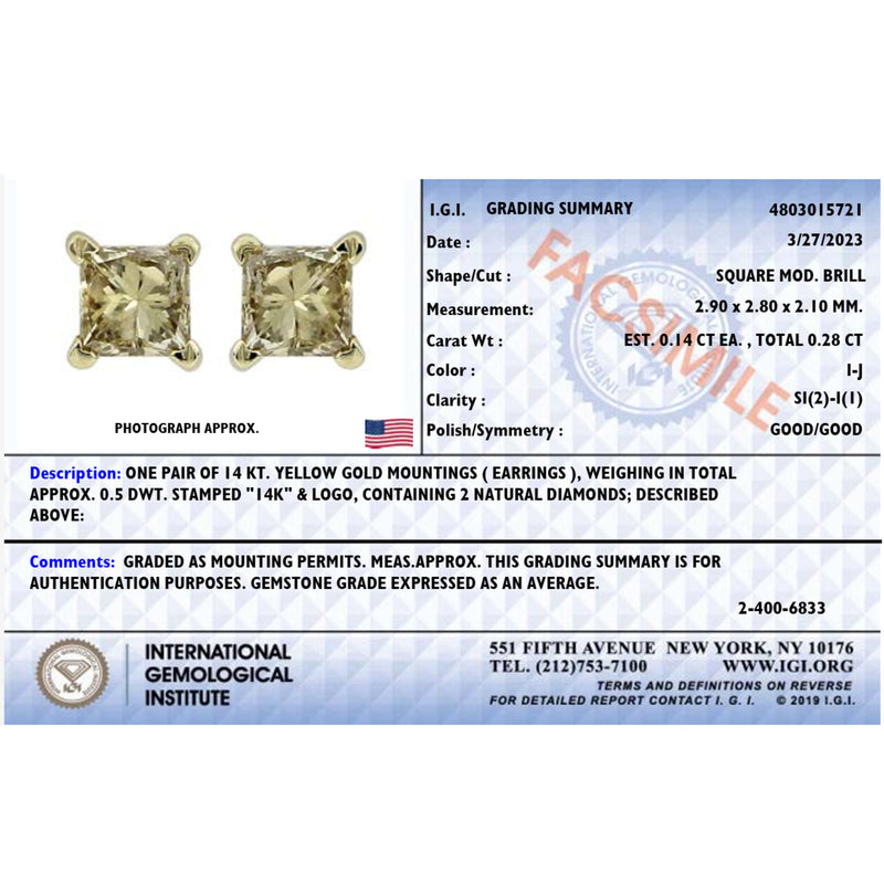 Bids.com IGI Certified 14K Yellow Gold 1/4 Cttw Princess-Cut Diamond Solitaire Stud Earrings Earrings White Smoke Yellow.Gold / 0.25