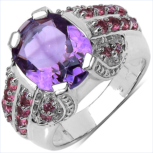 Bids.com 5.37 Carat Genuine Amethyst & Rhodolite .925 Sterling Silver Ring Rings White Smoke size 6.00,size 8.00,size 7.00,size 9.00