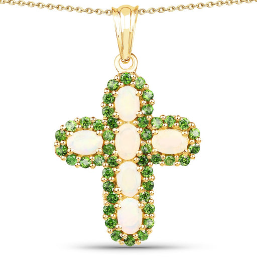 Bids.com 14K Yellow Gold Plated 3.11 Carat Genuine Ethiopian Opal and Chrome Diopside .925 Sterling Silver Pendant Pendants White Smoke