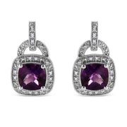 Bids.com .925 Sterling Silver 8MM Natural Cushion Shaped Amethyst and Diamond Accent Halo with Push Back Dangle Earrings (I-J Color, I2-I3 Clarity) Earrings White Smoke White.Sterling Silver / 0.08