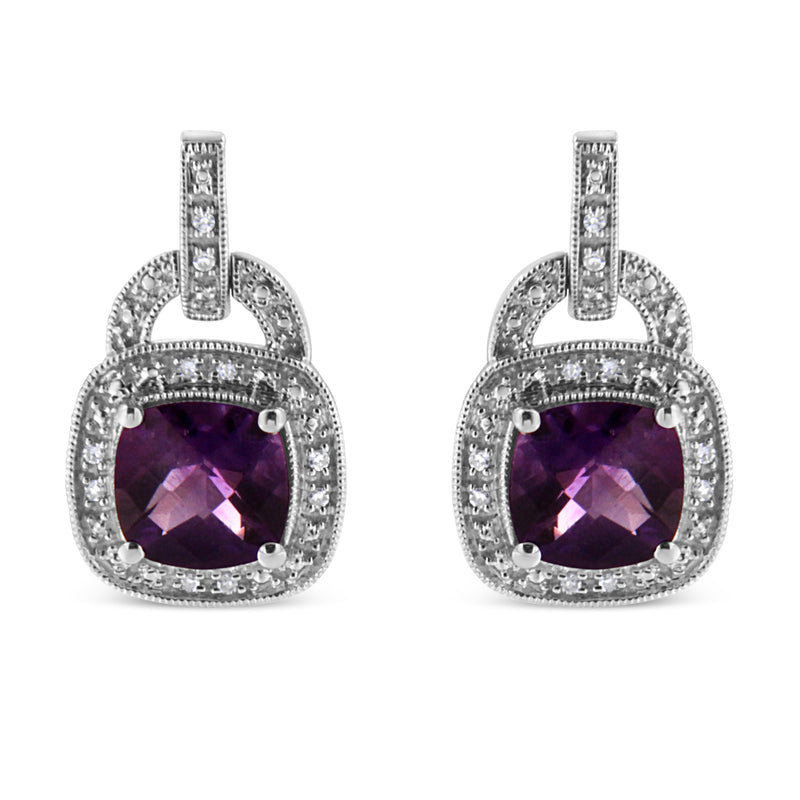 Bids.com .925 Sterling Silver 8MM Natural Cushion Shaped Amethyst and Diamond Accent Halo with Push Back Dangle Earrings (I-J Color, I2-I3 Clarity) Earrings White Smoke White.Sterling Silver / 0.08