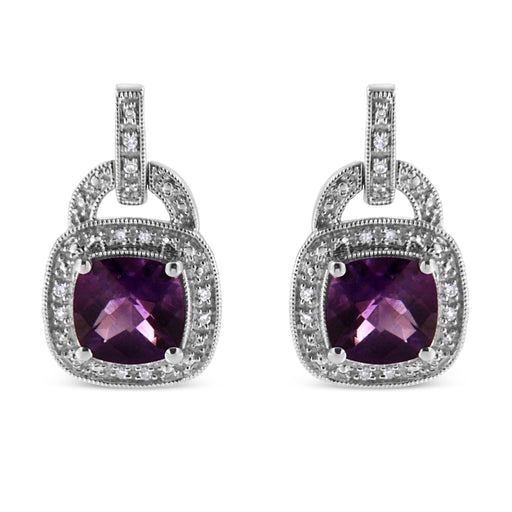 Bids.com .925 Sterling Silver 8MM Natural Cushion Shaped Amethyst and Diamond Accent Halo with Push Back Dangle Earrings (I-J Color, I2-I3 Clarity) Earrings White Smoke White.Sterling Silver / 0.08