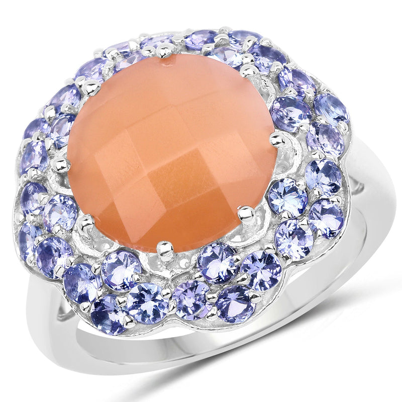 Bids.com 7.20 Carat Genuine Peach Moonstone and Tanzanite .925 Sterling Silver Ring Rings White Smoke size 7.00,size 8.00,size 9.00,size 6.00