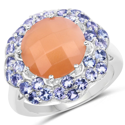 Bids.com 7.20 Carat Genuine Peach Moonstone and Tanzanite .925 Sterling Silver Ring Rings White Smoke size 7.00,size 8.00,size 9.00,size 6.00