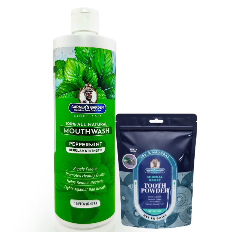 Garner's Garden Natural Mouthwash and Tooth Powder | H2O2 | Antibacterial Fluoride-Free Mouthwash White Smoke 16 oz Regular Peppermint Mouthwash / 2 oz Regular Tooth Powder