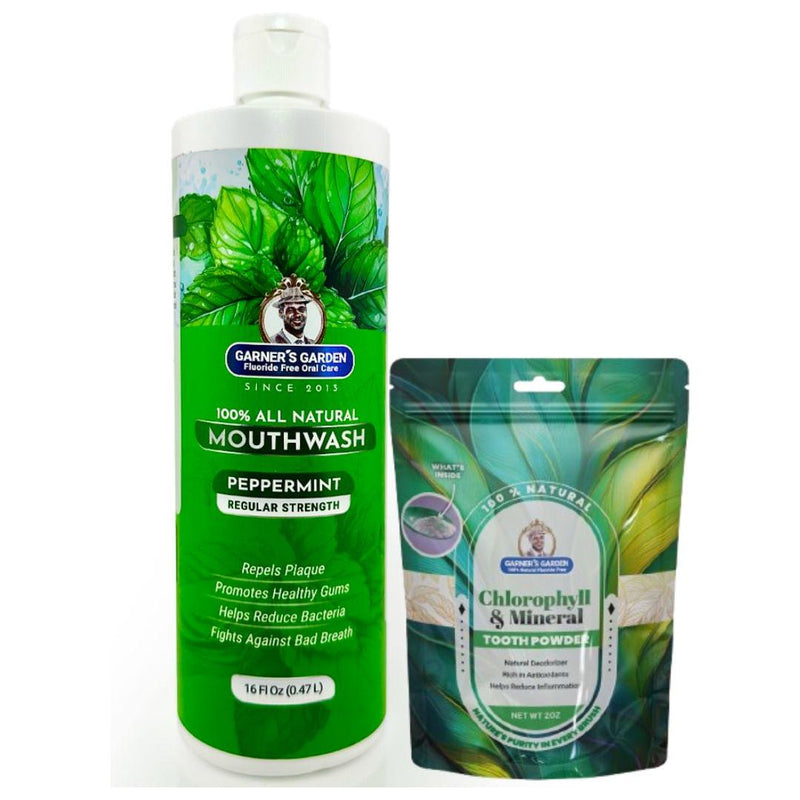 Garner's Garden Natural Mouthwash and Tooth Powder | H2O2 | Antibacterial Fluoride-Free Mouthwash White Smoke 16 oz Regular Peppermint Mouthwash / 2oz Chlorophyll Tooth Powder