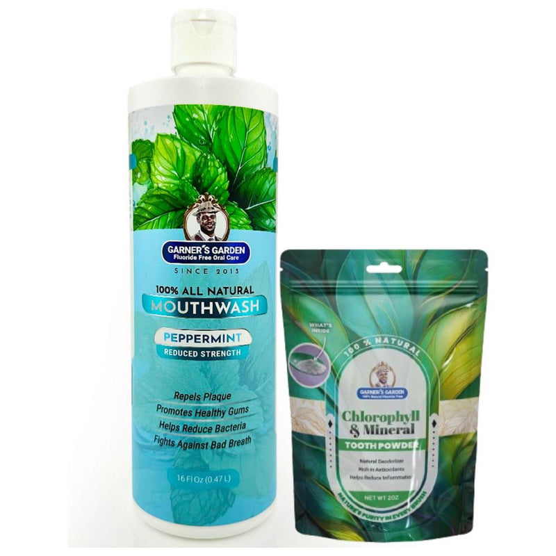 Garner's Garden Natural Mouthwash and Tooth Powder | H2O2 | Antibacterial Fluoride-Free Mouthwash White Smoke 16 oz Reduced Peppermint Mouthwash / 2oz Chlorophyll Tooth Powder