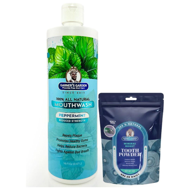 Garner's Garden Natural Mouthwash and Tooth Powder | H2O2 | Antibacterial Fluoride-Free Mouthwash White Smoke 16 oz Reduced Peppermint Mouthwash / 2 oz Regular Tooth Powder