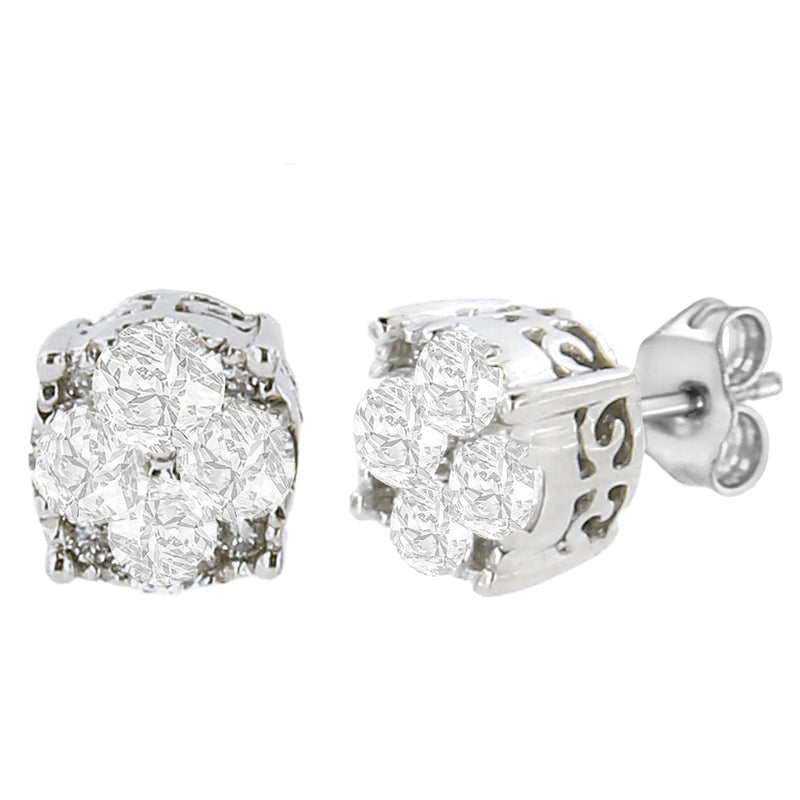 Bids.com .925 Sterling Silver 1/2 cttw Prong Set Round-Cut Diamond Cluster Stud Earring (I-J Color, I2-I3 Clarity) Earrings White Smoke White.Sterling Silver / 0.5