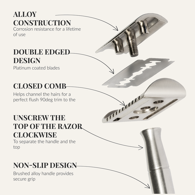 Lather & Wood Shaving Co Safety Razor - Baron Classic - Brushed Alloy Men Grooming, Health Seashell