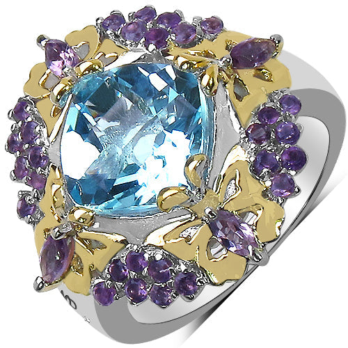 Bids.com 5.66 Carat Genuine Blue Topaz, Amethyst & White Diamond .925 Sterling Silver Ring Rings White Smoke size 8.00,size 6.00,size 7.00,size 9.00