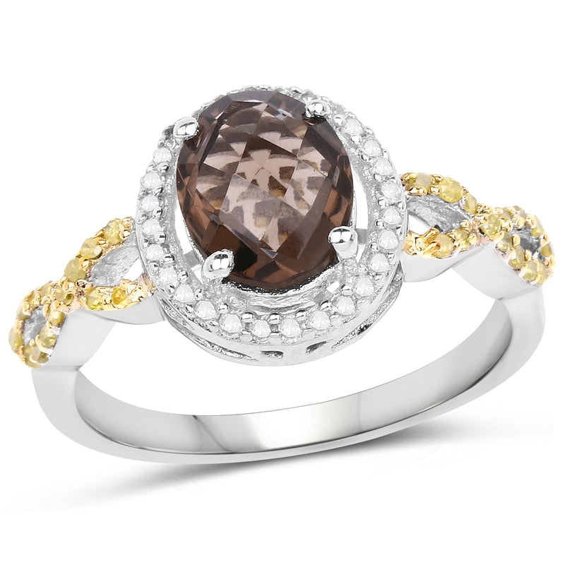 Bids.com 1.90 Carat Genuine Smoky Quartz, Yellow Diamond & White Diamond .925 Sterling Silver Ring Rings White Smoke size 8.00,size 6.00,size 7.00,size 9.00,size 5.00,size 10.00