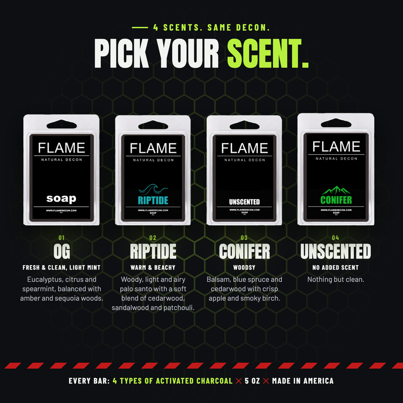 FLAME Natural Decon Soap Black OG / 5 oz Bar,Riptide / 5 oz Bar,Conifer / 5 oz Bar,Unscented / 5 oz Bar