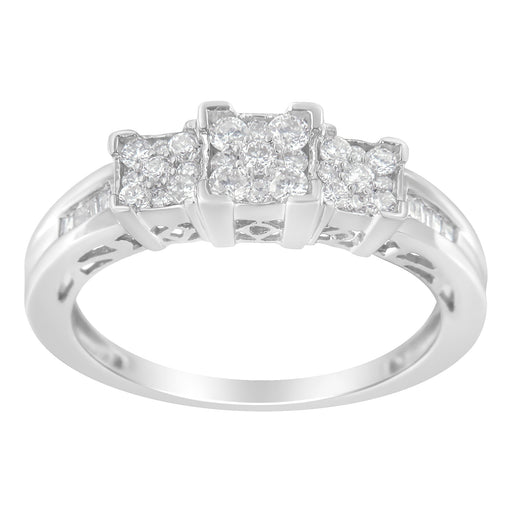 Bids.com 10K White Gold 1/2 Cttw Brilliant & Baguette Cut Diamond 3 Stone Design with 3 Square Clusters Engagement Ring (H-I Color, SI2-I1 Clarity) - Size 6-3/4 Rings White Smoke 7.25 / White.Gold,6.75 / White.Gold,7 / White.Gold