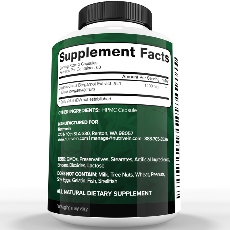 Nutrivein Nutrivein Premium Citrus Bergamot Supplement 1400mg 25:1 Bergamia Extract - 60 Day Supply - 120 Capsules White Smoke