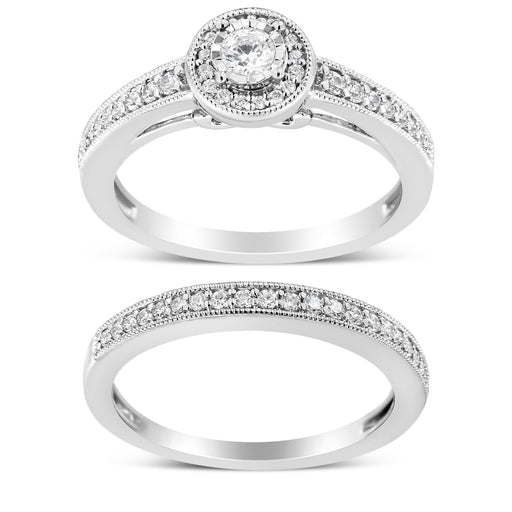 Bids.com .925 Sterling Silver 1/2 Ctw Diamond Halo and Milgrain Engagement Ring Bridal Set (I-J Color, I3 Clarity) - Ring Size 7 Rings White Smoke 7 / White.Sterling Silver,6 / White.Sterling Silver,8 / White.Sterling Silver,9 / White.Sterling Silver
