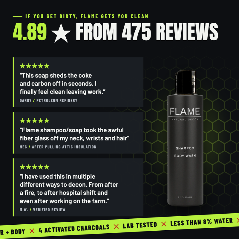 FLAME Natural Decon Shampoo + Body Wash Black OG / 8 oz Bottle,OG / 64 oz Bottle,OG / 0.5 oz Single Use Pack,Riptide / 8 oz Bottle,Conifer / 8 oz Bottle,Unscented / 8 oz Bottle