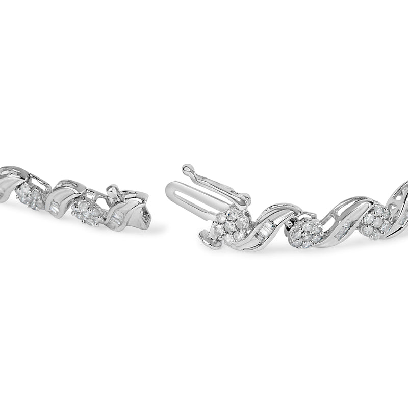 Bids.com 10K White Gold 2.00 Cttw Round-Cut and Baguette-Cut Diamond Floral Design Swirl Link 7" Bracelet (I-J Color, I1-I2 Clarity) Bracelets White Smoke White.Gold / 2.11