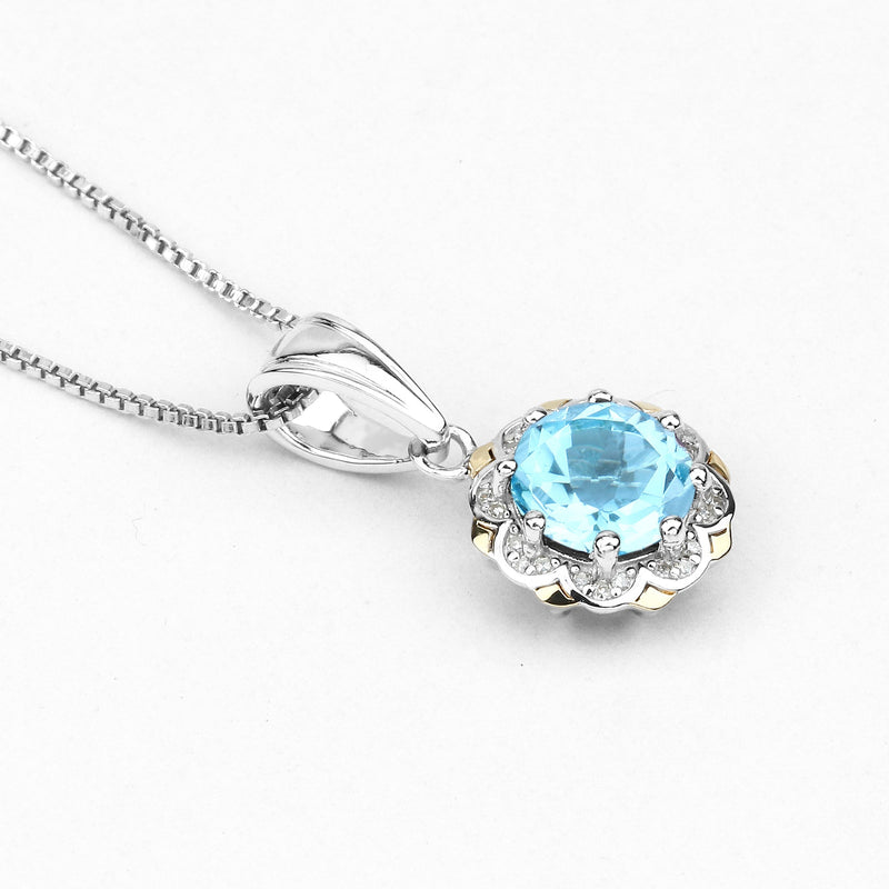 Bids.com 2.32 Carat Genuine Swiss Blue Topaz and White Diamond 14K Yellow Gold with .925 Sterling Silver Pendant Pendants White Smoke