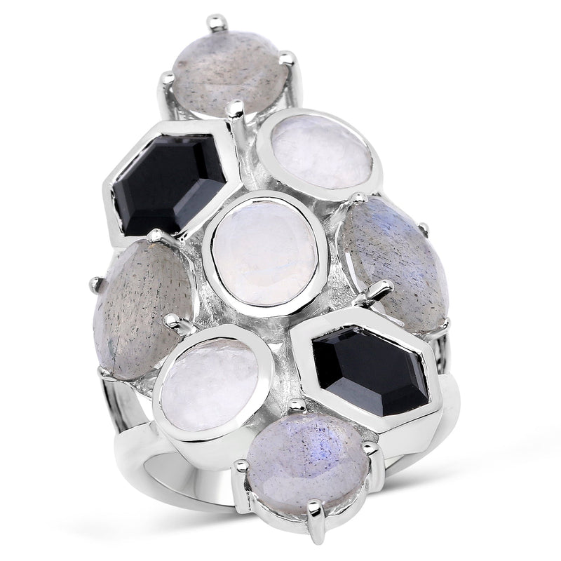 Bids.com 10.30 Carat Genuine White Rainbow Moonstone, Labradorite And Black Onyx .925 Sterling Silver Ring Rings White Smoke size 6.00,size 7.00,size 8.00,size 9.00