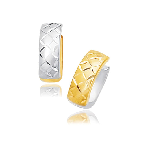 Bids.com 14k Two-Tone Gold Reversible Quilted Hinged Hoop Huggie Earrings Earrings White Smoke Two-Tone Gold