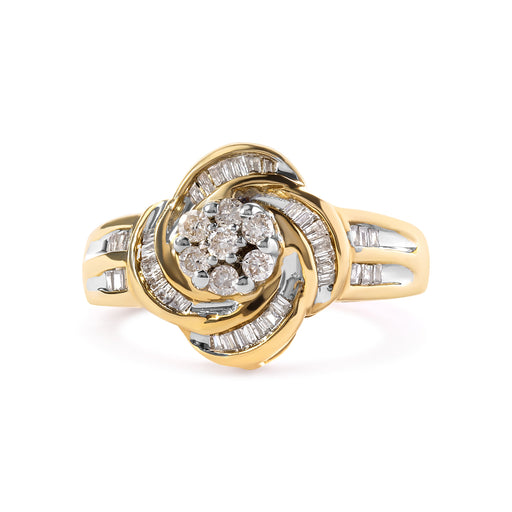 Bids.com 10K Yellow Gold 1/2 Cttw Round and Baguette Diamond Flower Swirl Cocktail Ring (I-J Color, SI2-I1 Clarity) - Ring Size 7 Rings White Smoke 7 / Yellow.Gold