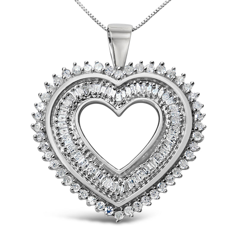 Bids.com .925 Sterling Silver 1.0 Cttw Baguette and Round Diamond  Heart Pendant 18" Necklace (H-I Color, I3 Clarity) Necklaces White Smoke White.Sterling Silver / 18