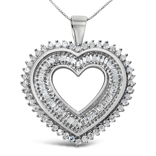 Bids.com .925 Sterling Silver 1.0 Cttw Baguette and Round Diamond  Heart Pendant 18" Necklace (H-I Color, I3 Clarity) Necklaces White Smoke White.Sterling Silver / 18