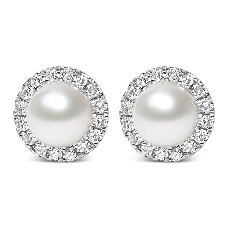 Bids.com 10K White Gold 4.5mm Cultured Freshwater Pearl and 1/7 Cttw Diamond Halo Stud Earring (I-J Color, I1-I2 Clarity) Earrings White Smoke White.Gold / 0.136