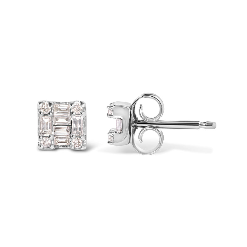 Bids.com 10K White Gold 1/7 Cttw Round and Baguette Diamond Mosaic Square Stud Earrings (H-I Color, I1-I2 Clarity) Earrings White Smoke White.Gold / 0.144