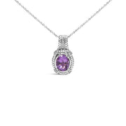 Bids.com .925 Sterling Silver 9x7mm Oval Purple Amethyst and Round Diamond Accent Fashion Drop Pendant 18 Inch Necklace (I-J Color, I1-I2 Clarity) Necklaces White Smoke White.Sterling Silver / 18