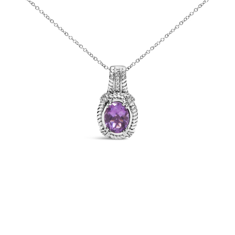 Bids.com .925 Sterling Silver 9x7mm Oval Purple Amethyst and Round Diamond Accent Fashion Drop Pendant 18 Inch Necklace (I-J Color, I1-I2 Clarity) Necklaces White Smoke White.Sterling Silver / 18