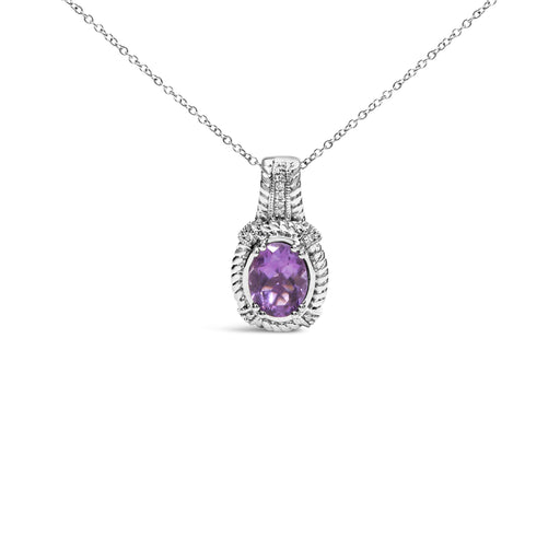 Bids.com .925 Sterling Silver 9x7mm Oval Purple Amethyst and Round Diamond Accent Fashion Drop Pendant 18 Inch Necklace (I-J Color, I1-I2 Clarity) Necklaces White Smoke White.Sterling Silver / 18