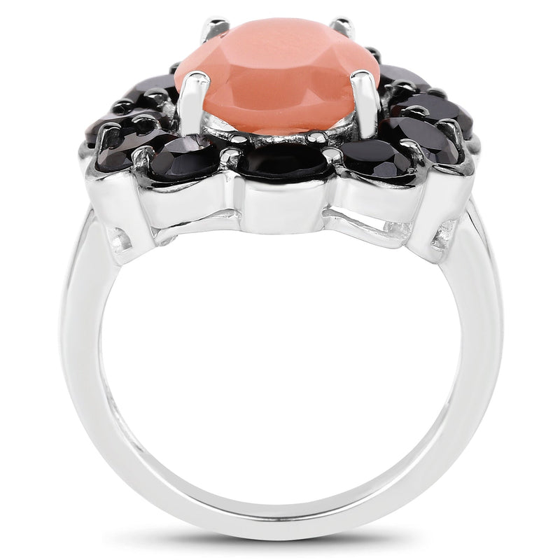 Bids.com 7.88 Carat Genuine Peach Moonstone and Black Spinel .925 Sterling Silver Ring Rings White Smoke size 8.00,size 9.00,size 6.00,size 7.00