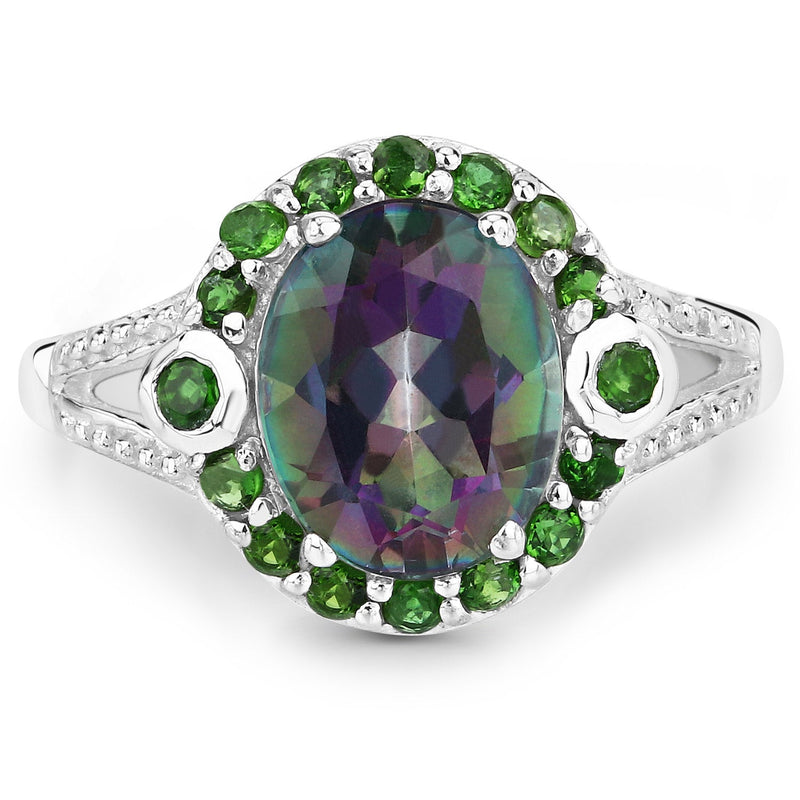 Bids.com 3.92 Carat Genuine Rainbow Quartz and Chrome Diopside .925 Sterling Silver Ring Rings White Smoke size 6.00,size 5.00,size 7.00,size 8.00,size 9.00